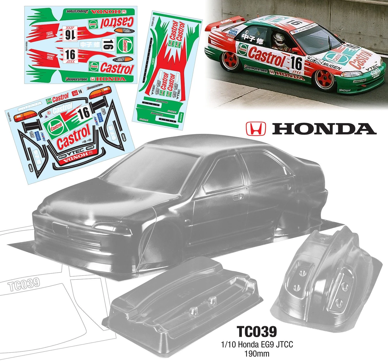 TC039 1/10 Honda EG9 JTCC Castrol, 190mm Tamiya TT01 TT02 1 TC039 1/10 Honda EG9 JTCC Castrol, 190mm Tamiya TT01 TT02