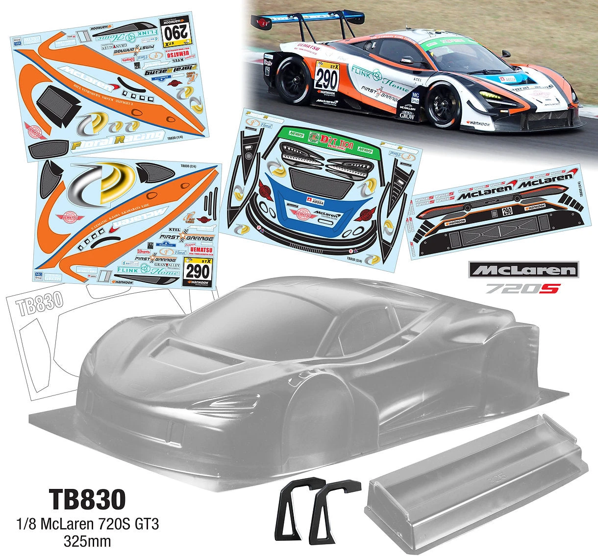 TB830 1/8 McLaren 720S GT3 (325mm) HOBAO Kyosho Mugen Sworkz TLR Hotbodies Traxxas 1 TB830 1/8 McLaren 720S GT3 (325mm) HOBAO Kyosho Mugen Sworkz TLR Hotbodies Traxxas